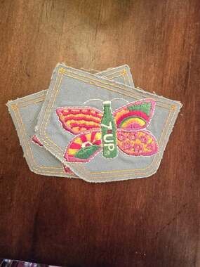 Vintage 1970s 7UP Butterfly Embroidered Denim Pocket Patches Set